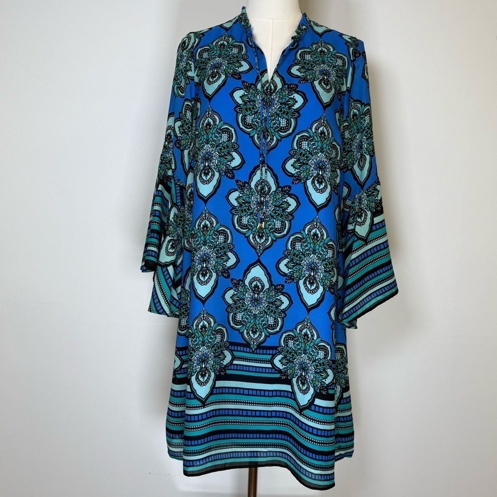 Kaari Blue Paisley Dress Bell Sleeves Blue And Green V-Neck Women’s Size Small